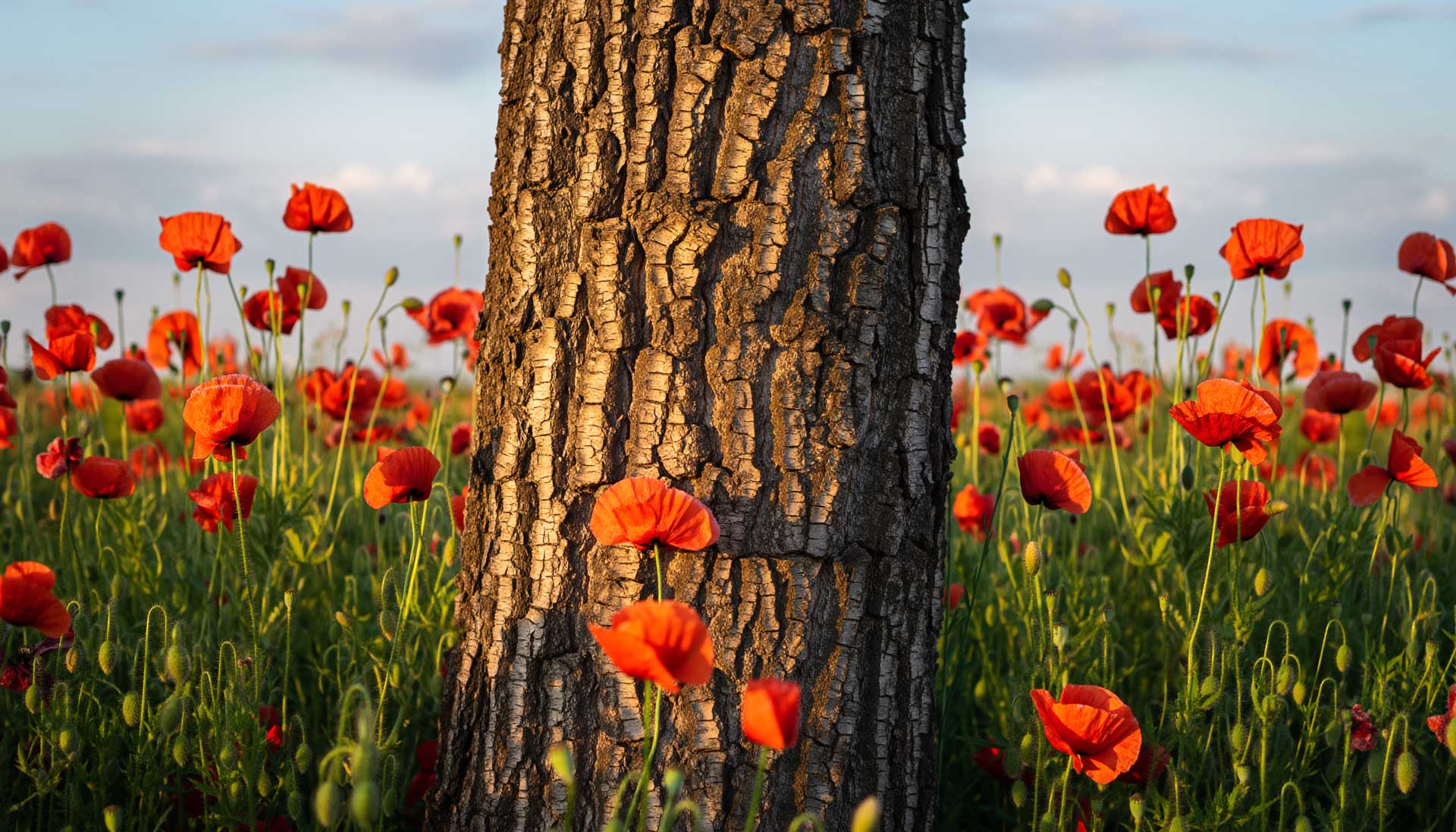 Nahaufnahme eines Baumstammes im Mohnfeld als Sinnbild für Baumbestattungen
